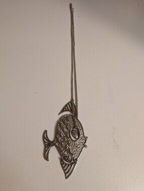 Vintage Silver Tone Articulated Fish Pendant Necklace Statement Piece